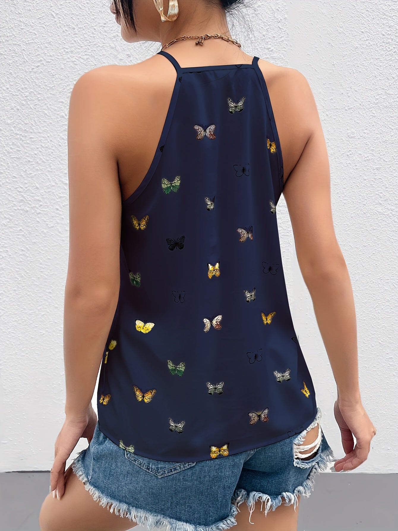 Women's top with butterfly print and spaghetti straps – Elegant summer blouse for leisure and everyday wear