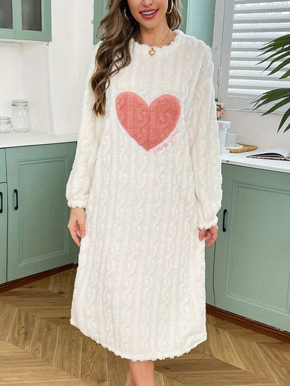 Women's Nightgown, Cozy Plush Long-Sleeve Nightdress with Heart Pattern, White