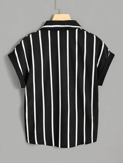 Women's Short-Sleeve Striped Blouse with Knot and Chest Pocket – Summer, Elegant, Casual