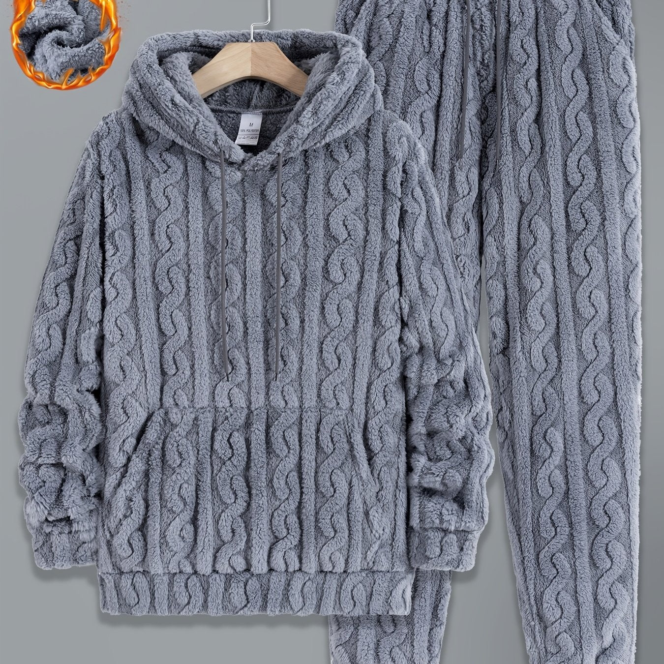 Men's cozy cable-knit tracksuit with hoodie and pants, soft & warm
