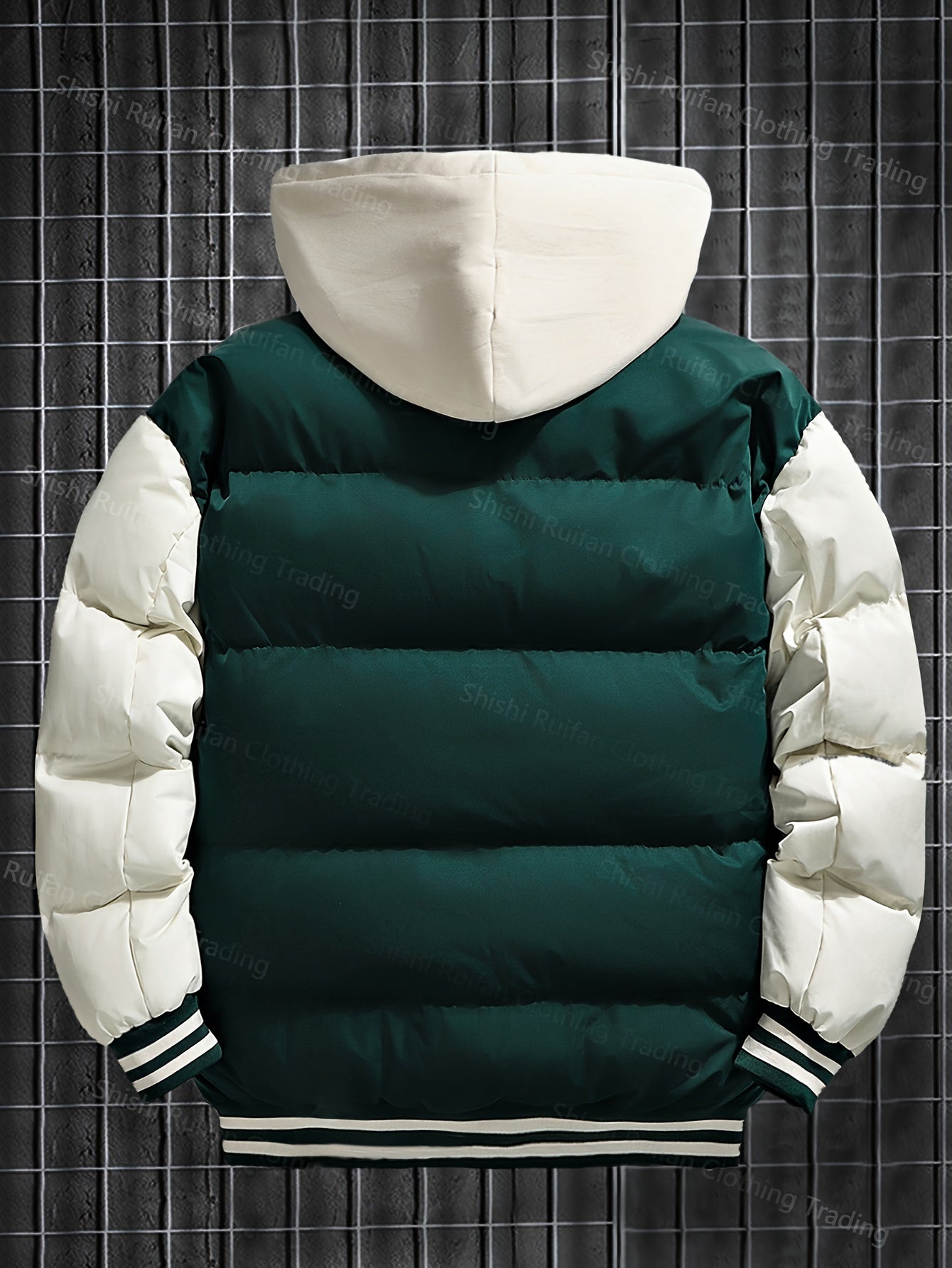 Unisex Winter Jacke im College-Stil mit abnehmbarer Kapuze, Kontrastärmeln & Patches
