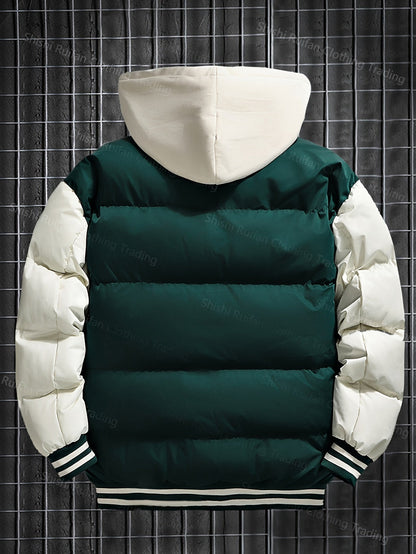 Unisex Winter Jacke im College-Stil mit abnehmbarer Kapuze, Kontrastärmeln & Patches