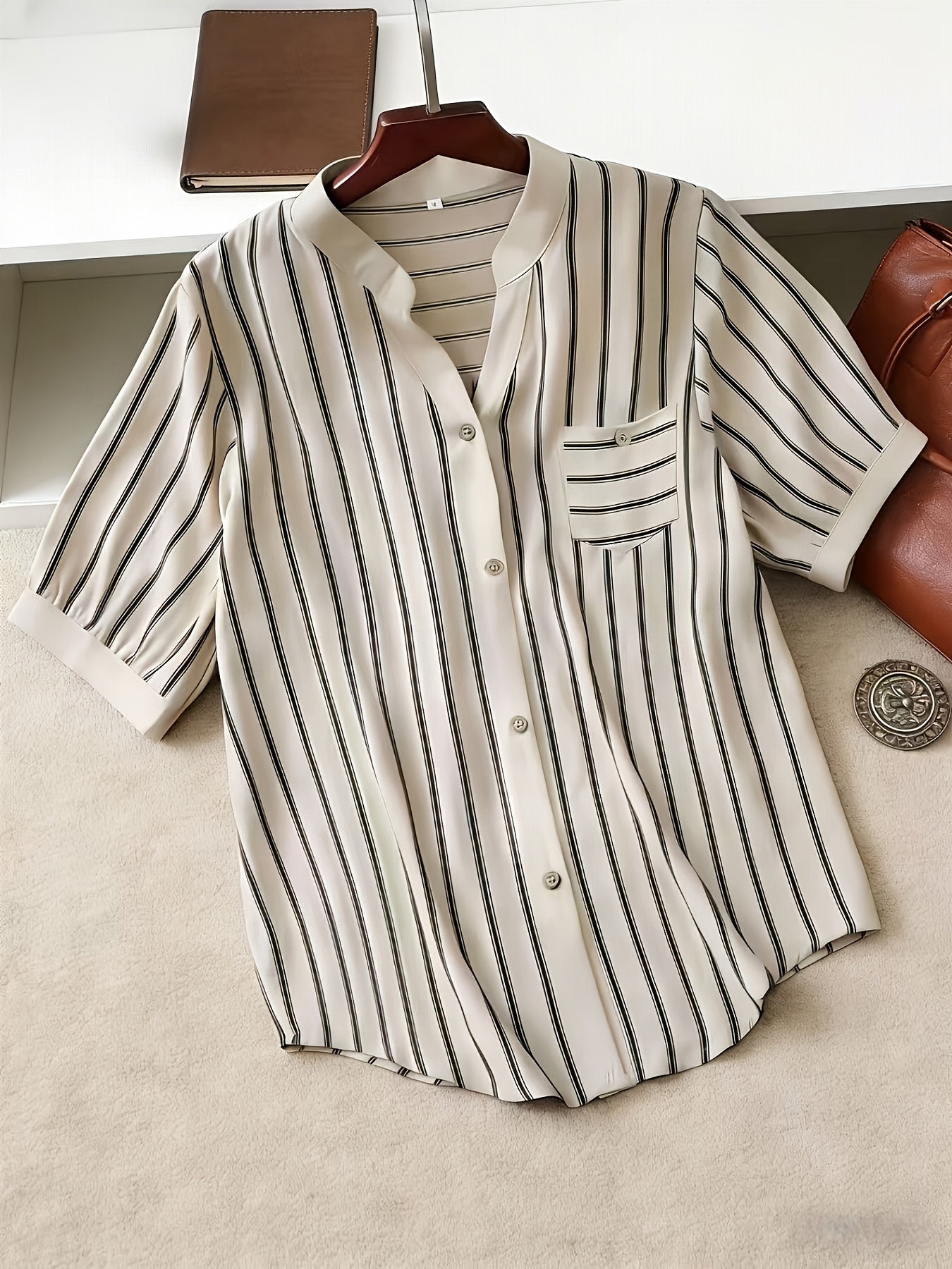 Women's short-sleeve blouse with stand-up collar and button placket – Casual stripes, summer tunic, office & leisure