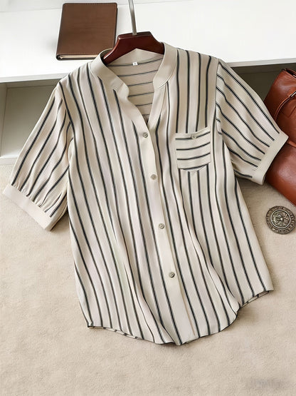Women's short-sleeve blouse with stand-up collar and button placket – Casual stripes, summer tunic, office & leisure
