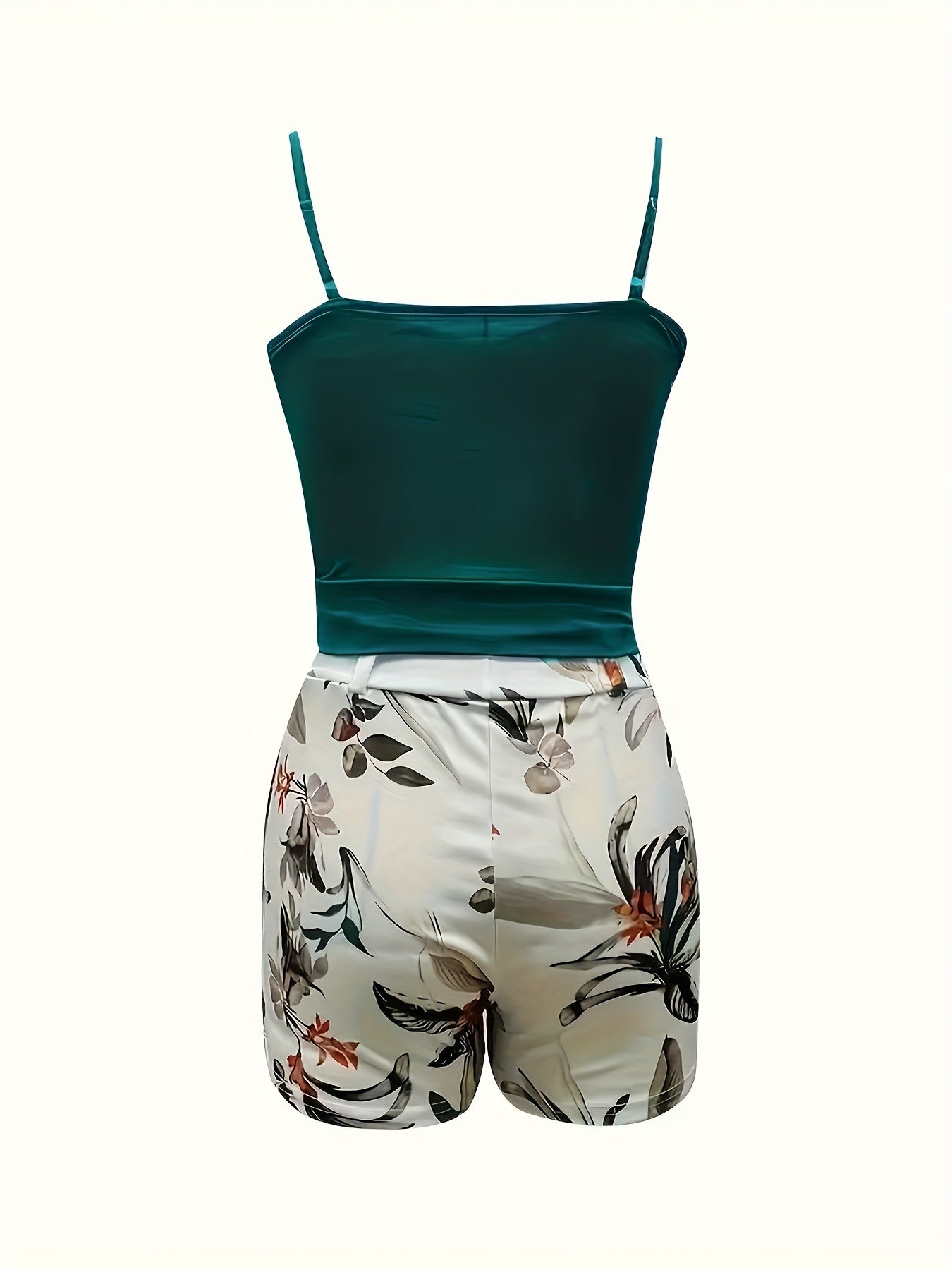 Women's Summer Outfit Set – Sleeveless V-Neck Bodysuit & High-Waisted Floral Shorts with Belt, Fashionable Casual Look