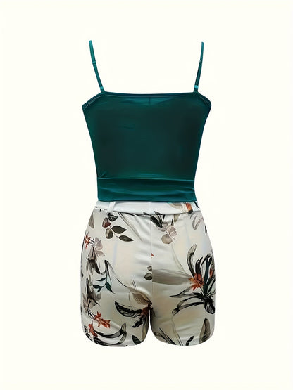 Women's Summer Outfit Set – Sleeveless V-Neck Bodysuit & High-Waisted Floral Shorts with Belt, Fashionable Casual Look