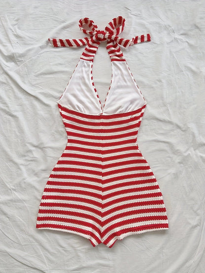 Damen Retro-Style Halterneck Einteiler Playsuit für Sommer und Urlaub