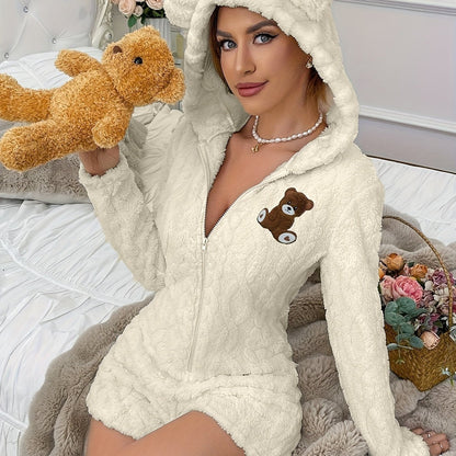 Women's plush hooded onesie pajamas with teddy bear design