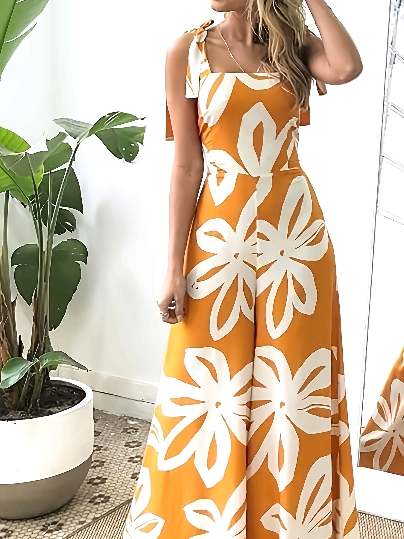 Women's Summer Maxi Dress Elegant with Floral Pattern and Bow Straps – Perfect for Vacation & Leisure