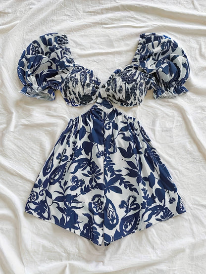 Damen Sommer Jumpsuit mit Puffärmeln und tropischem Blattmuster – Perfekt für Strand und Urlaub