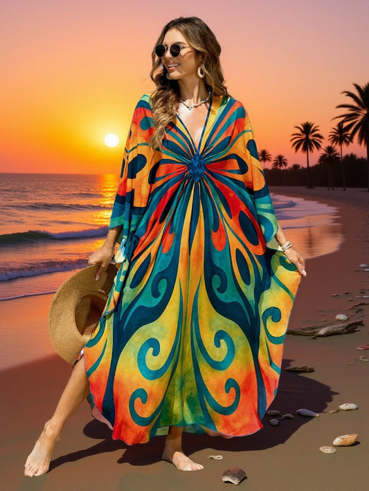 Women's Kaftan Maxi Dress – Boho Beach Tunic with Tie-Dye Pattern, Ideal as Summer Cover-Up