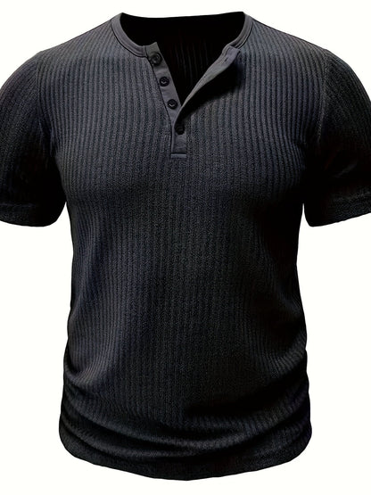Men's Short-Sleeve Henley T-Shirt with Button Placket – Ribbed Casual Shirt for Everyday and Summer