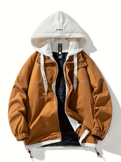 Unisex transitional jacket with hood and zipper, two-in-one look, black/brown