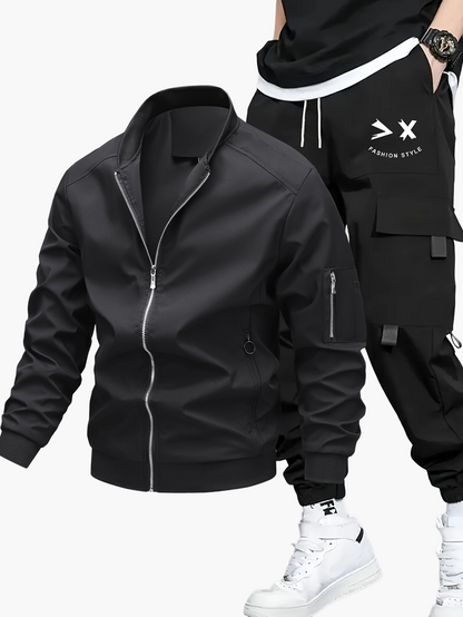 Men's Streetwear Set with Bomber Jacket and Cargo Jogging Pants – Urban Casual Style
