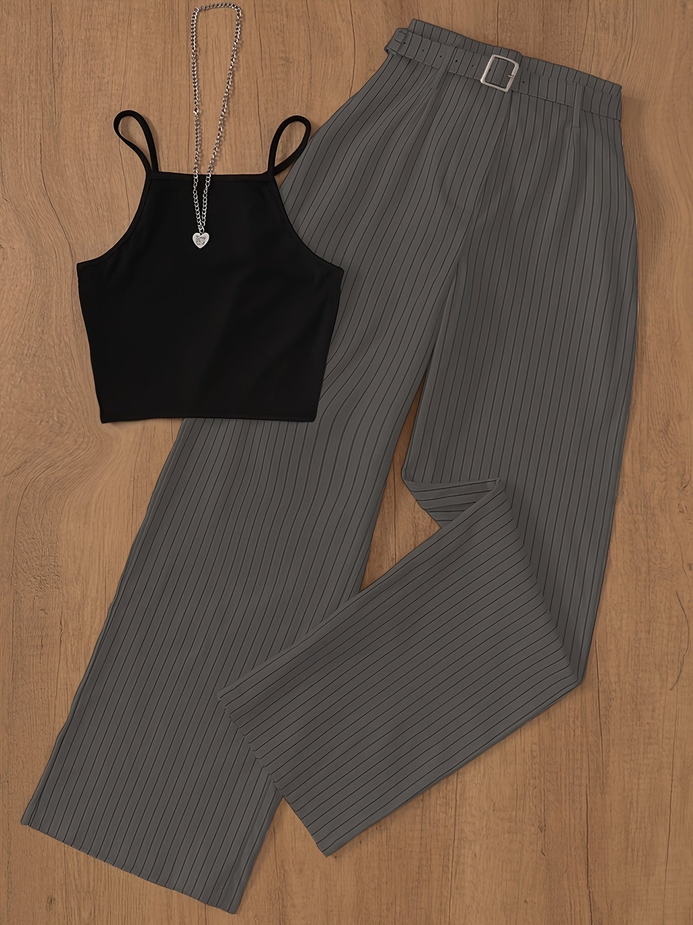 Women's Elegant Pinstripe Set – Sleeveless Top and Wide-Leg Pants with Belt, Perfect for Office and Leisure