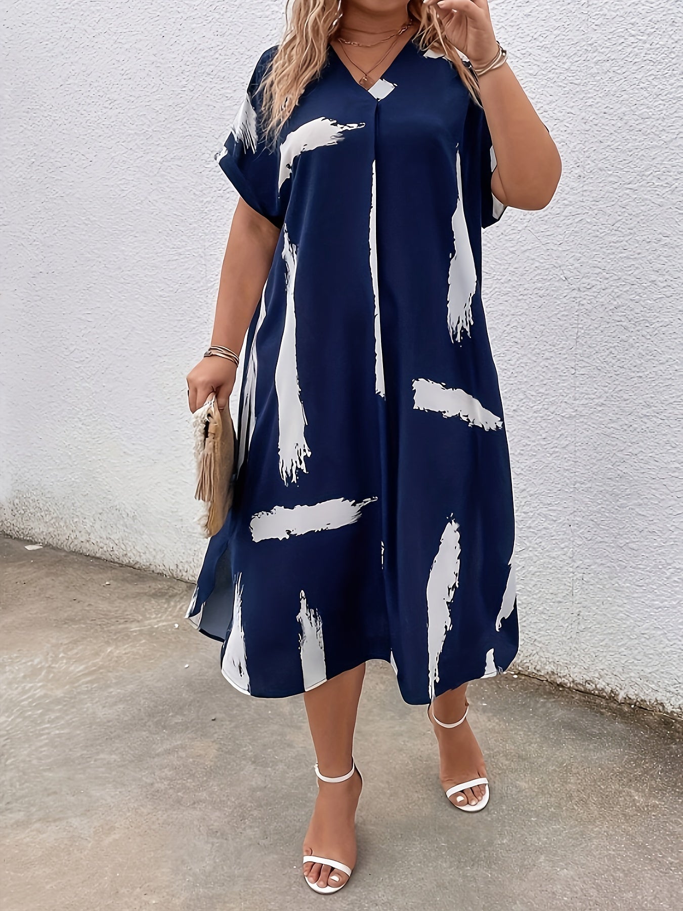 Damen Tunika Kleid Elegant V-Ausschnitt Lässig für Alltag und Urlaub Plus Size