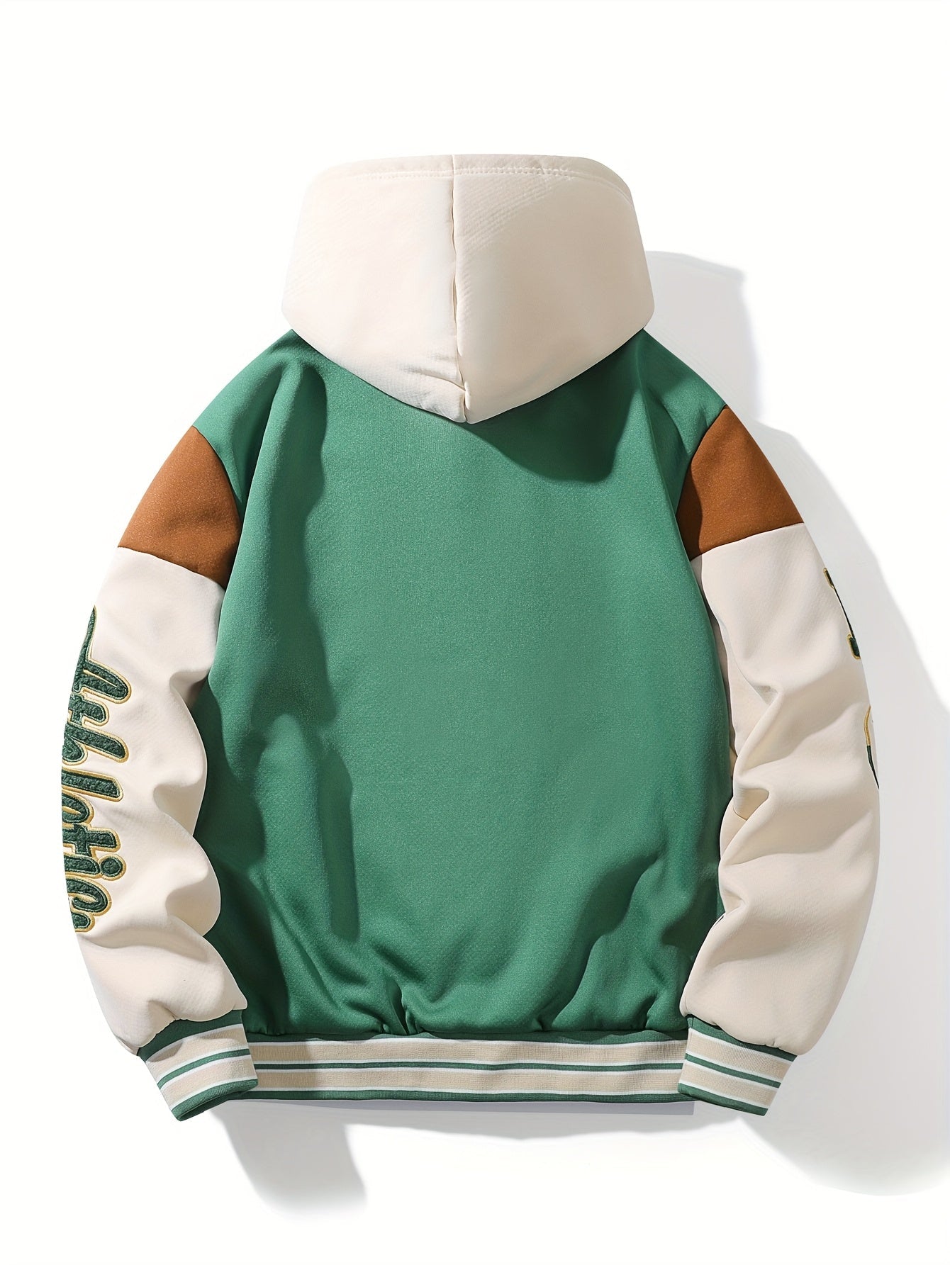 Unisex college-style hooded jacket in green and beige with fleece lining