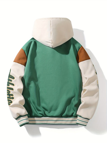 Unisex college-style hooded jacket in green and beige with fleece lining