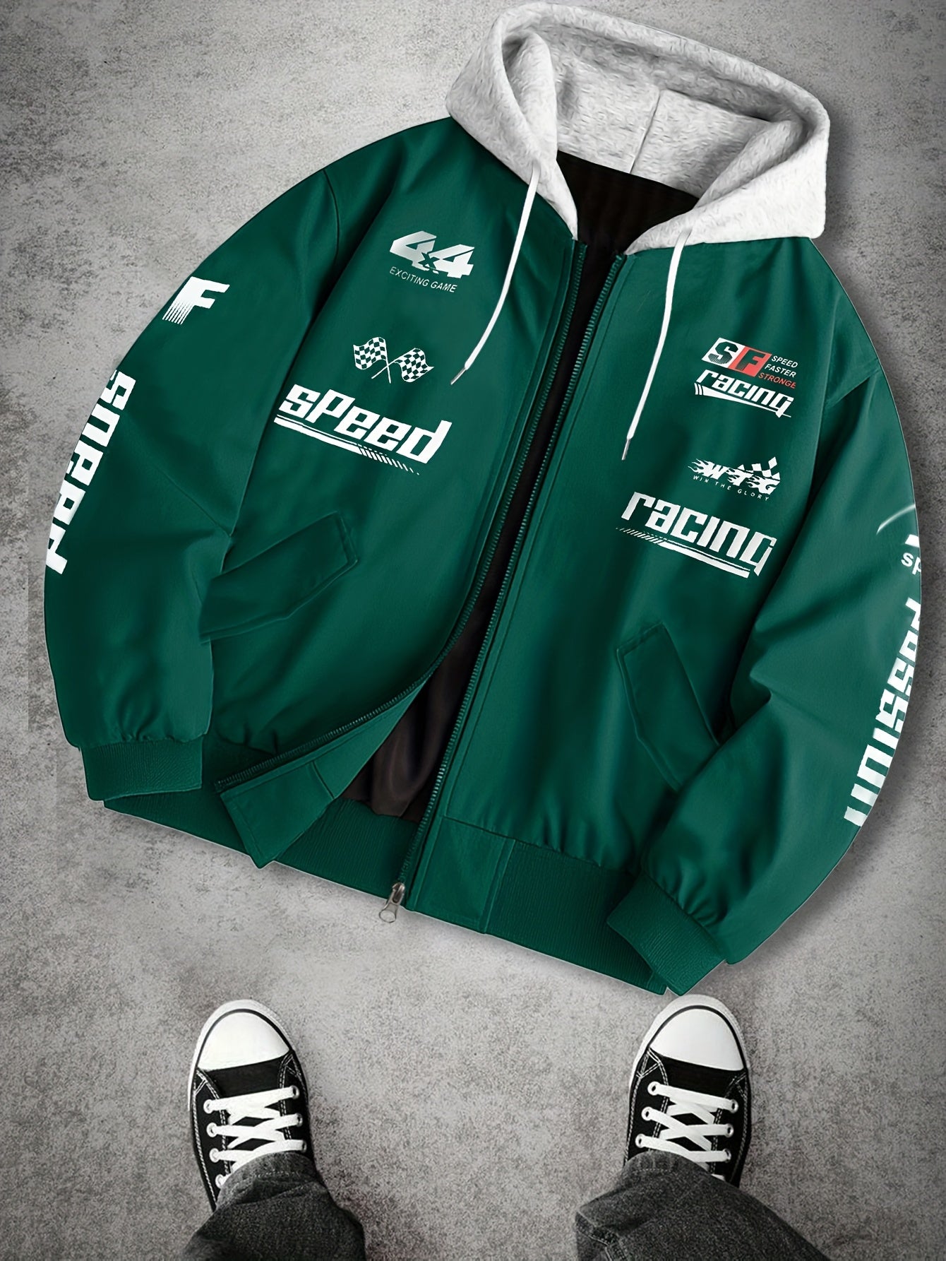 Men's hooded bomber jacket with racing print, zip-up windbreaker