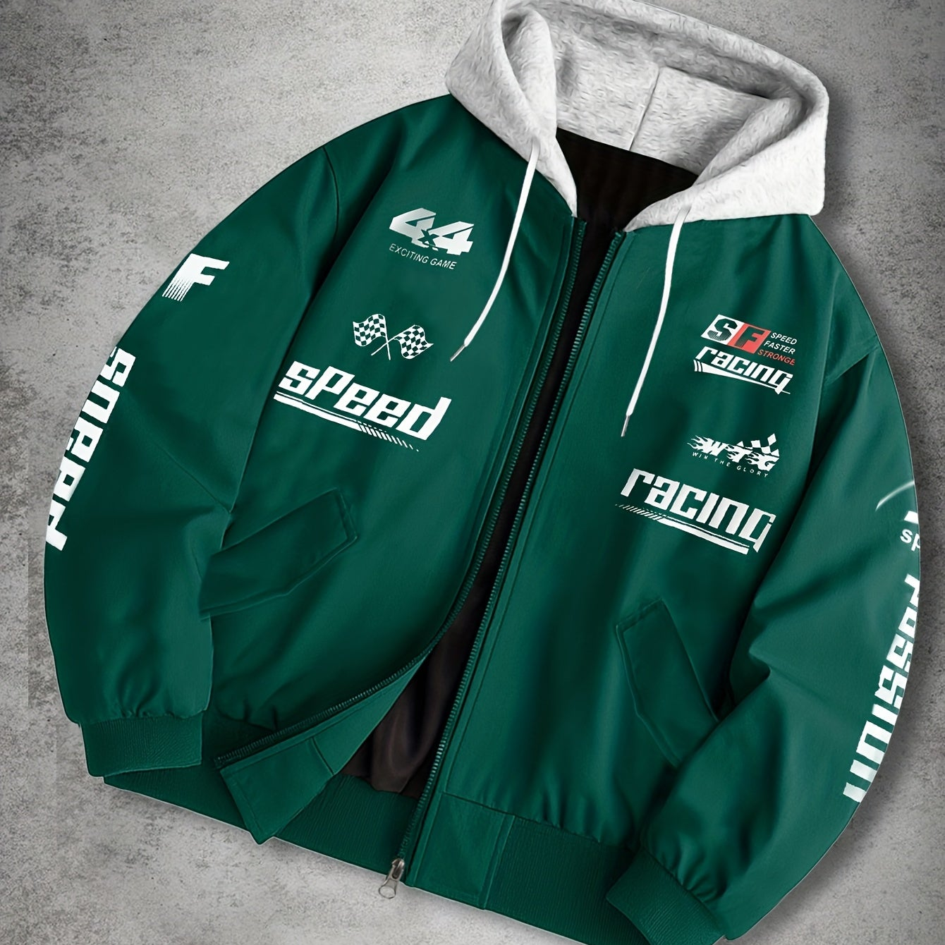 Men's hooded bomber jacket with racing print, zip-up windbreaker