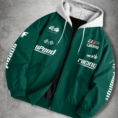 Men's hooded bomber jacket with racing print, zip-up windbreaker