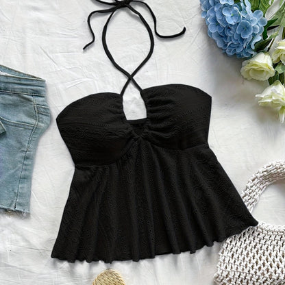 Women's Vintage Halter Babydoll Top with Embroidery – Summer Casual Top