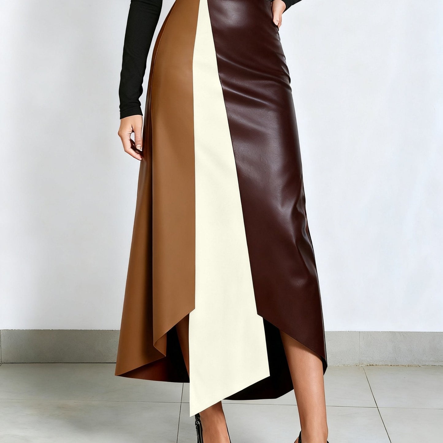 Color-block midi skirt with an asymmetrical faux-leather hem