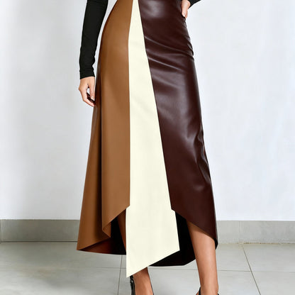 Color-block midi skirt with an asymmetrical faux-leather hem