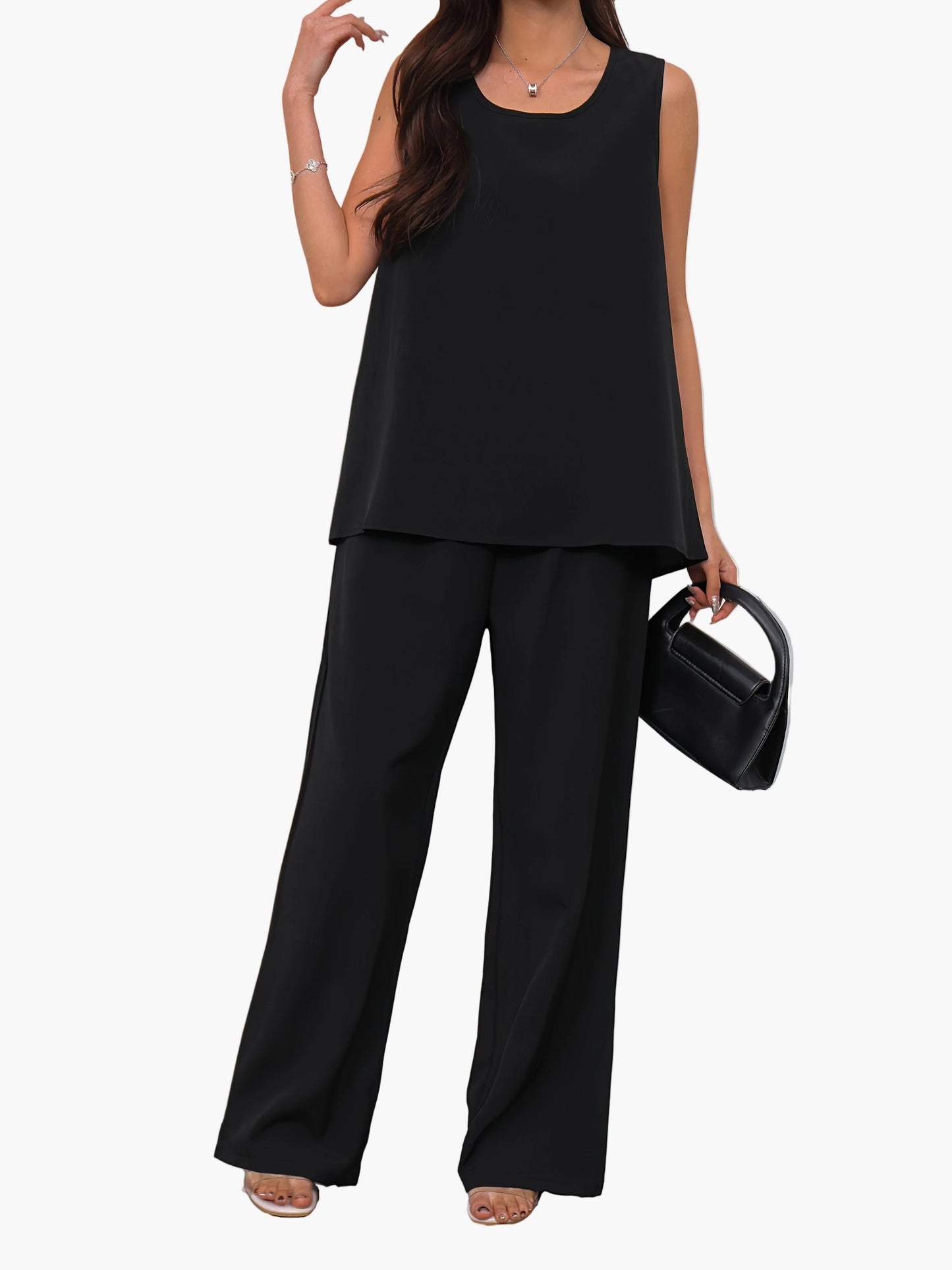 Women's Two-Piece Set – Elegant Sleeveless Top and Wide Pants, Fashionable for Spring and Summer, Casual Business & Everyday Wear