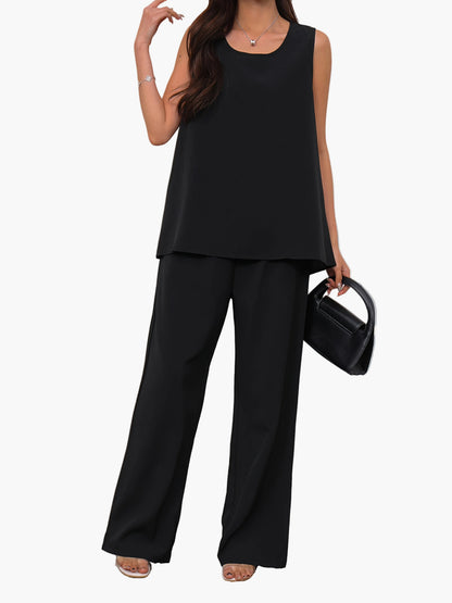 Women's Two-Piece Set – Elegant Sleeveless Top and Wide Pants, Fashionable for Spring and Summer, Casual Business & Everyday Wear