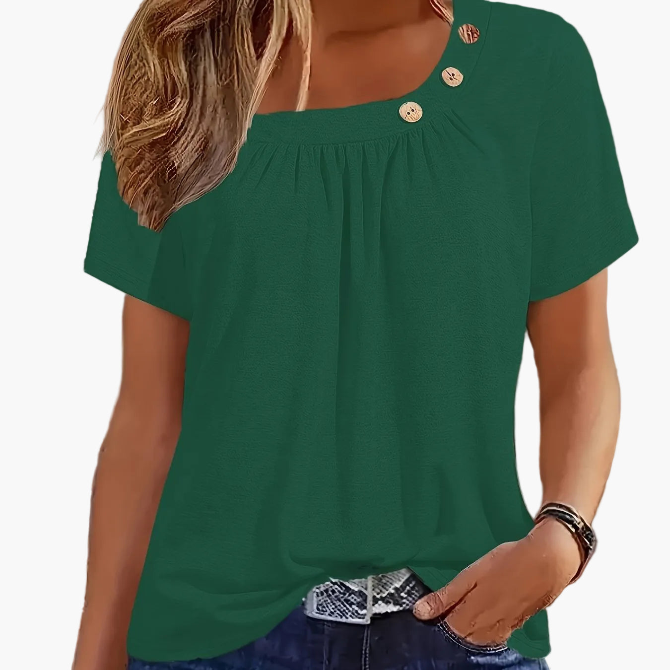 Damen Sommer-Shirt mit asymmetrischem Ausschnitt und Knopfdetails – Freizeit & Alltagsstil