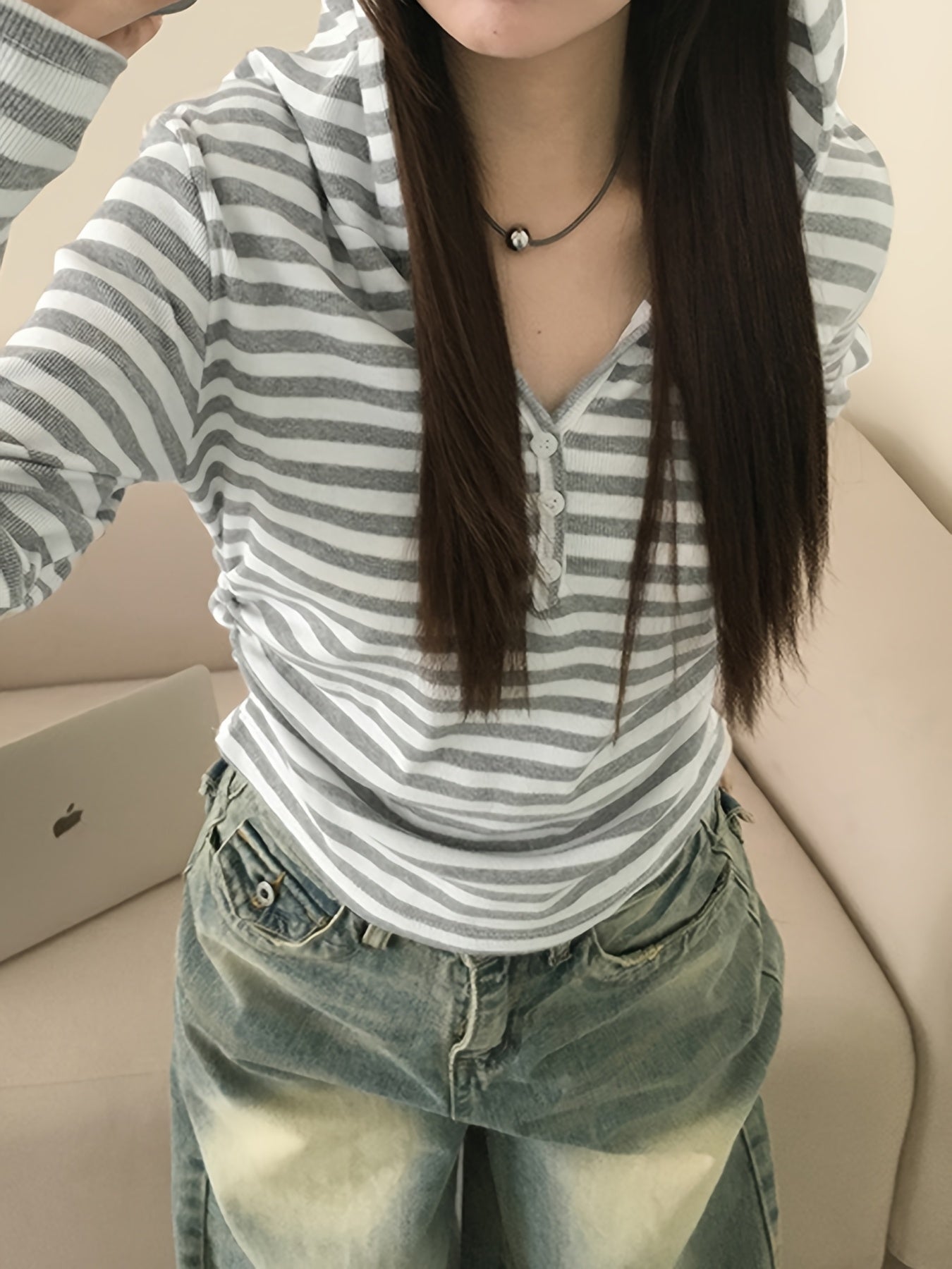 Damen Langarmshirt gestreift mit Knopfleiste