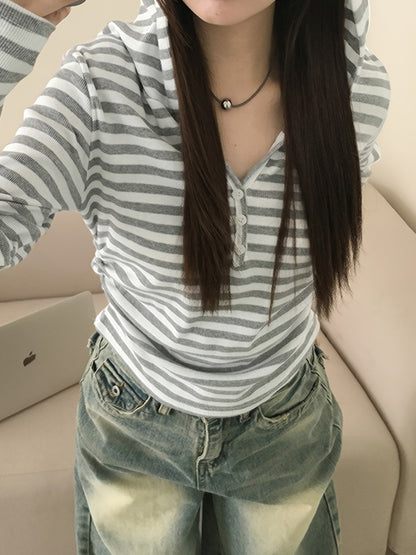 Damen Langarmshirt gestreift mit Knopfleiste