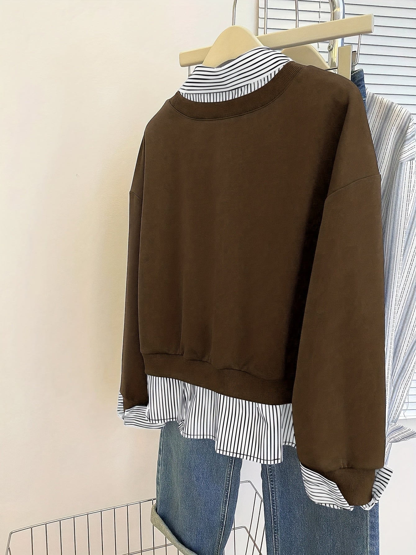Damen Layering-Sweatshirt mit Hemdeinsatz, Baumwollmischung, Langarm