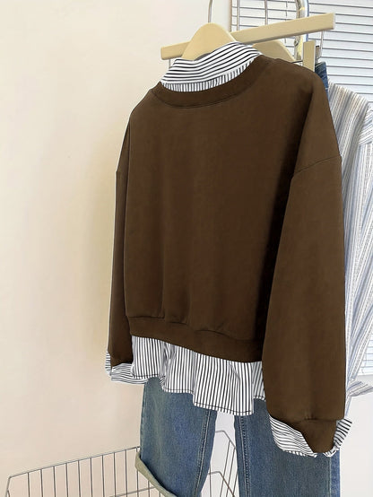 Damen Layering-Sweatshirt mit Hemdeinsatz, Baumwollmischung, Langarm