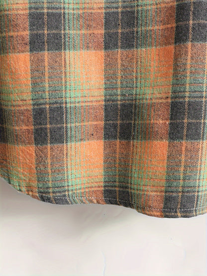 Men's orange and green plaid long-sleeve casual shirt with button placket