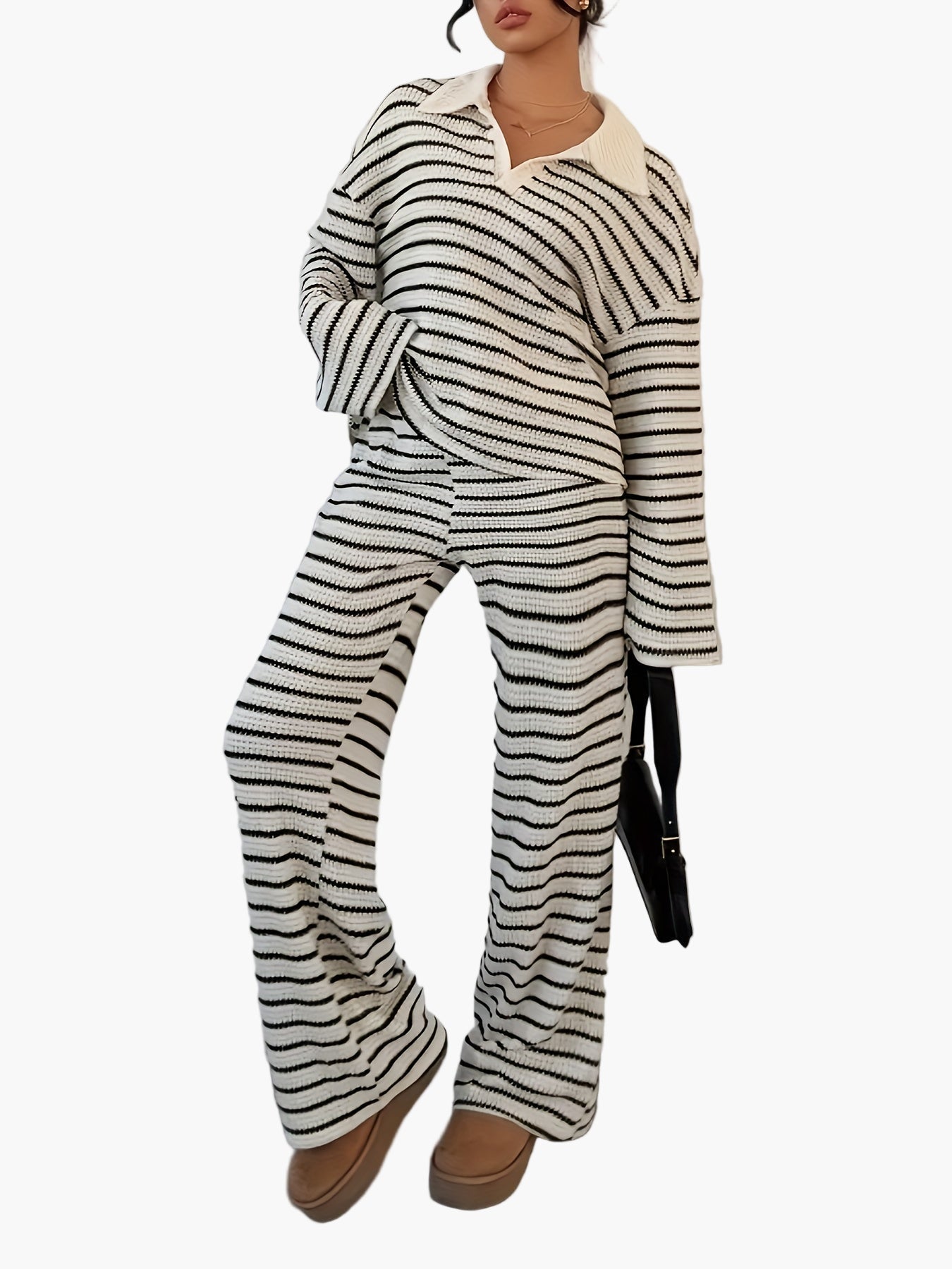 Women's Knit Two-Piece Set – Striped Casual Look for Autumn & Winter, Elegant & Comfortable