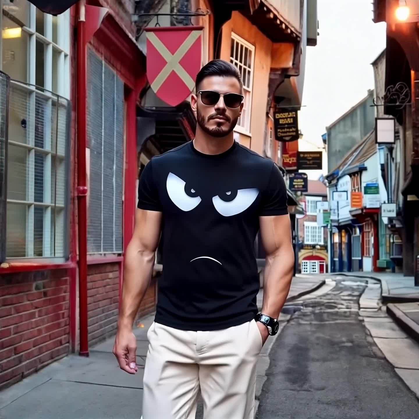 Herren T-Shirt mit lustigem Comic-Gesicht – Freizeit & Streetwear, Regular Fit
