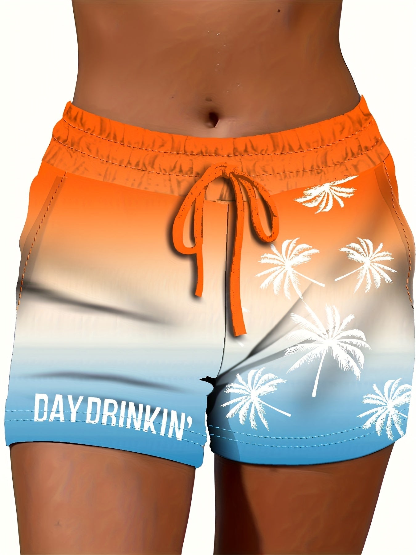 Women's casual shorts with palm tree print and "DAY DRINKIN'" statement for summer & vacation