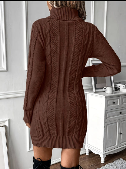 Strickkleid Damen Rollkragen Zopfmuster Langarm