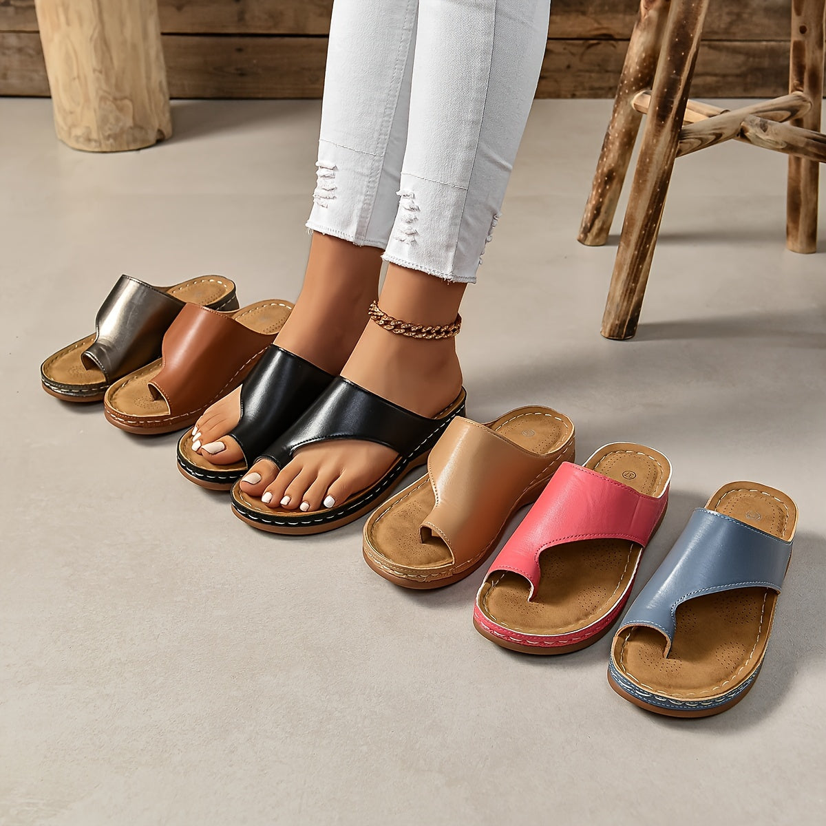Women's Comfort Sandals with Wedge Heel and Toe Loop – Summer Slip-On Shoes for Everyday and Leisure