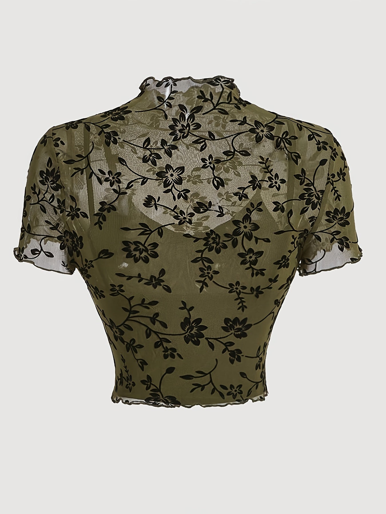 Women's Elegant Crop Top with Floral Pattern and Stand-up Collar – Transparent Mesh for Spring and Summer