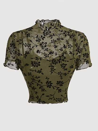 Women's Elegant Crop Top with Floral Pattern and Stand-up Collar – Transparent Mesh for Spring and Summer