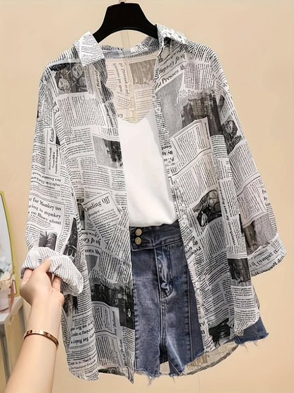 Women's blouse with newspaper print and shorts – fashionable set for leisure and everyday wear