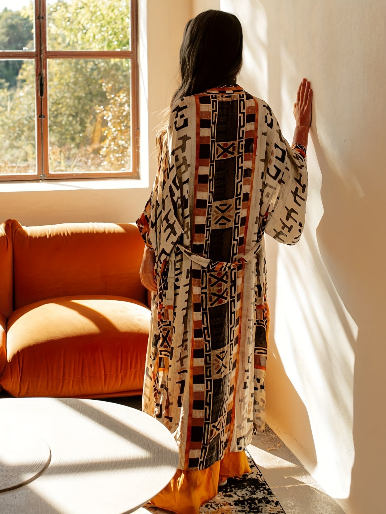 Women's Boho Long Kimono with Ikat Pattern – Elegant Beach and Summer Fashion