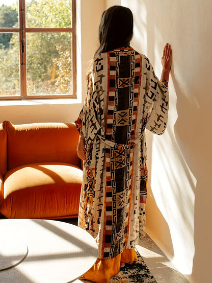 Women's Boho Long Kimono with Ikat Pattern – Elegant Beach and Summer Fashion