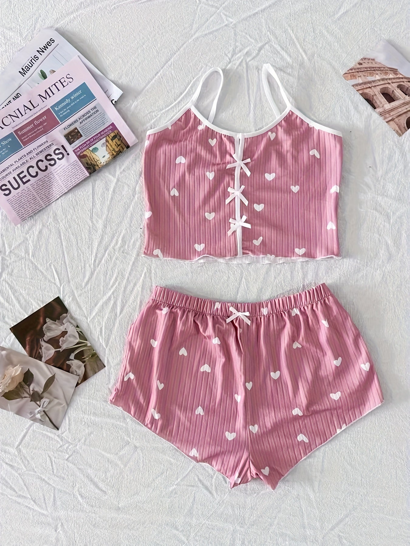 Damen Pyjama Set mit Herzchen-Muster, zweiteilig, für Sommer, sexy Stil, Schlafanzug