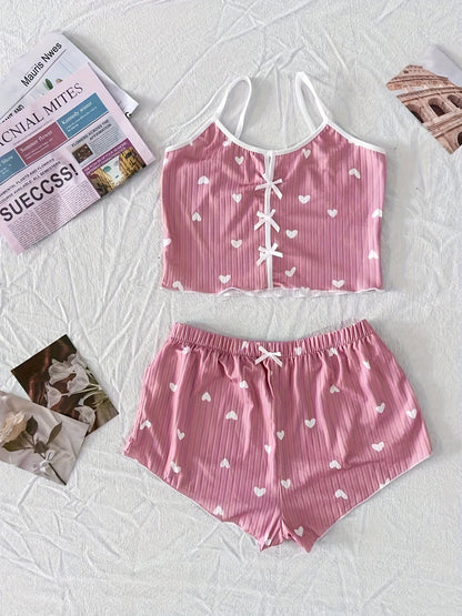 Damen Pyjama Set mit Herzchen-Muster, zweiteilig, für Sommer, sexy Stil, Schlafanzug