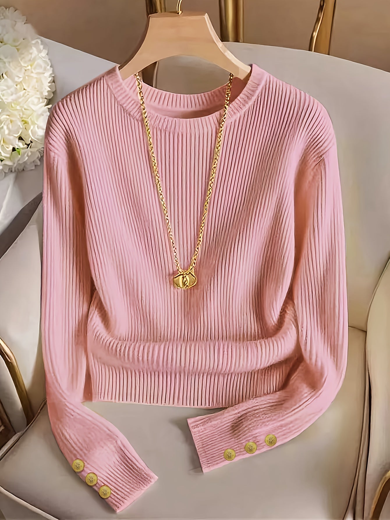 Women's rib-knit long-sleeve crew-neck sweater with buttons