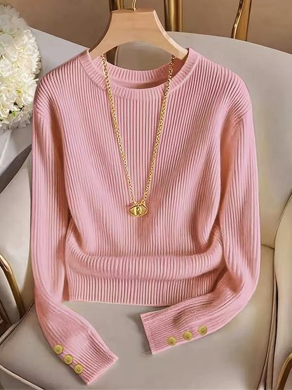 Women's rib-knit long-sleeve crew-neck sweater with buttons